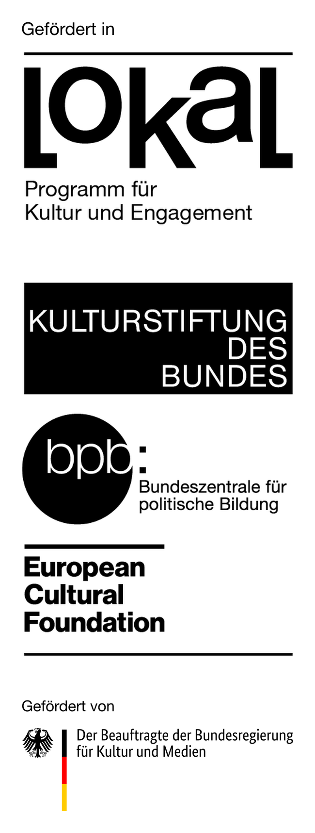 Logoleiste der Förderer, untereinander: Gefördert in LOKAL – Programm für Kultur und Engagement, Kulturstiftung des Bundes, Bundeszentrale für politische Bildung, European Cultural Foundation; gefördert von der Beauftragten der Bundesregierung für Kultur und Medien